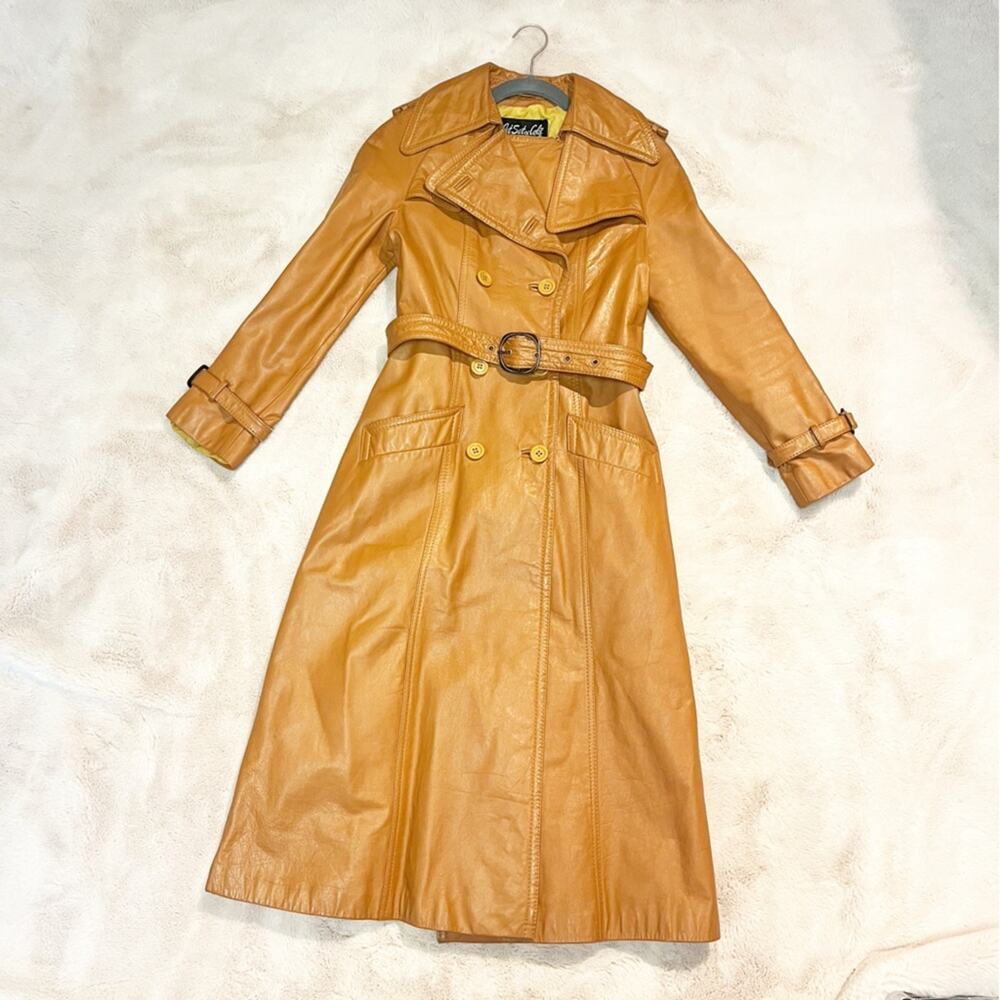 VINTAGE 1970s Jet Set of California Tan Cowhide Leather Trench Coat Belted - Picture 5 of 16